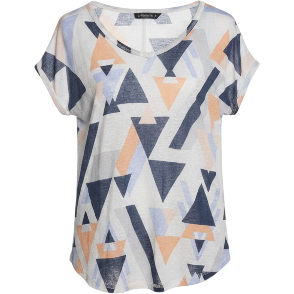 Bobeau Womens Small Geometric Triangle Print V-Neck Short Sleeve Top Navy Peach